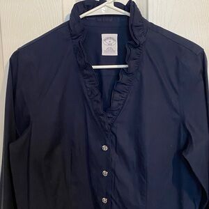 Women’s Brooks Brother 1818 Navy Ruffle collar button down blouse size 10